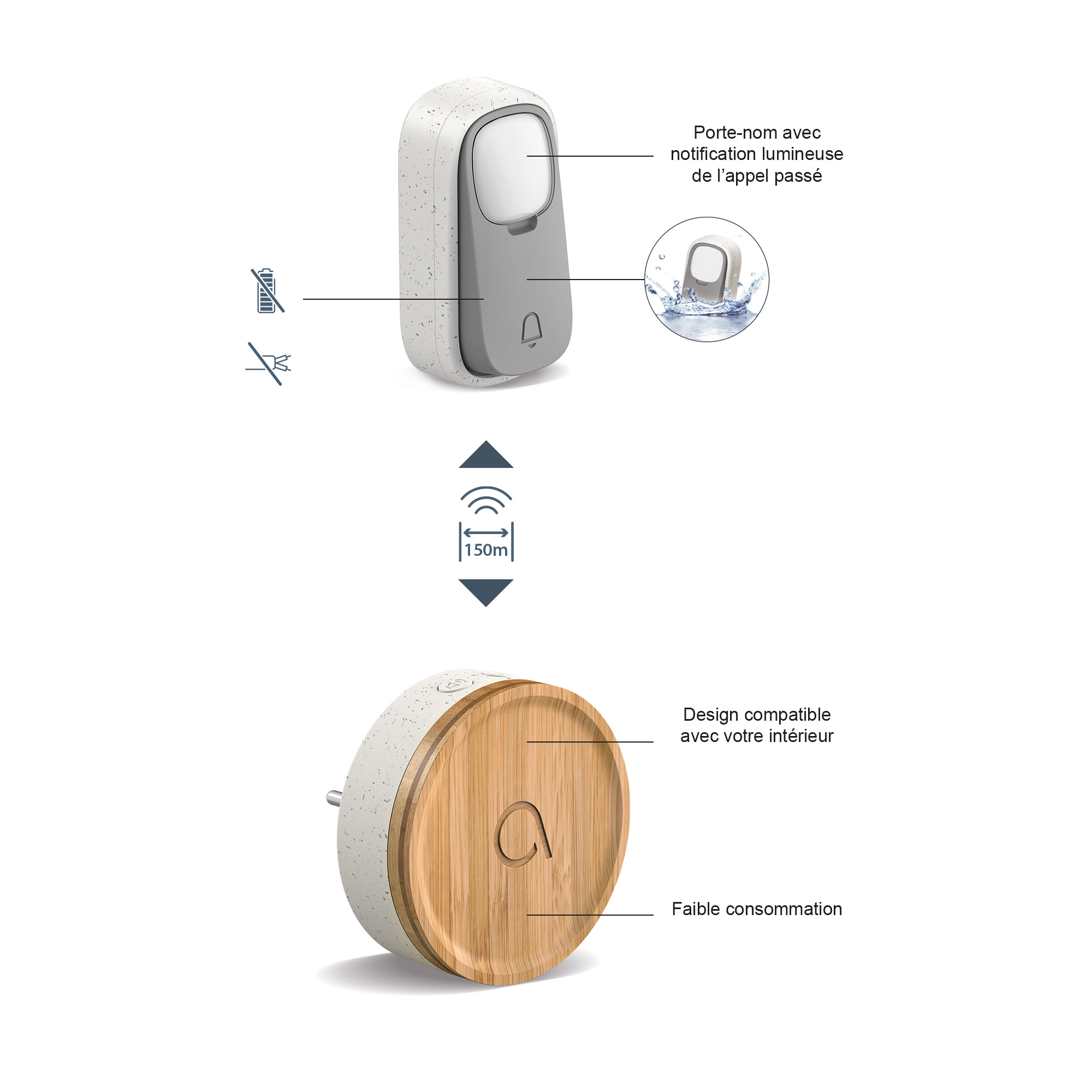 Carillon écologique bouton sans fil sans pile Bamboo - Sonnette et