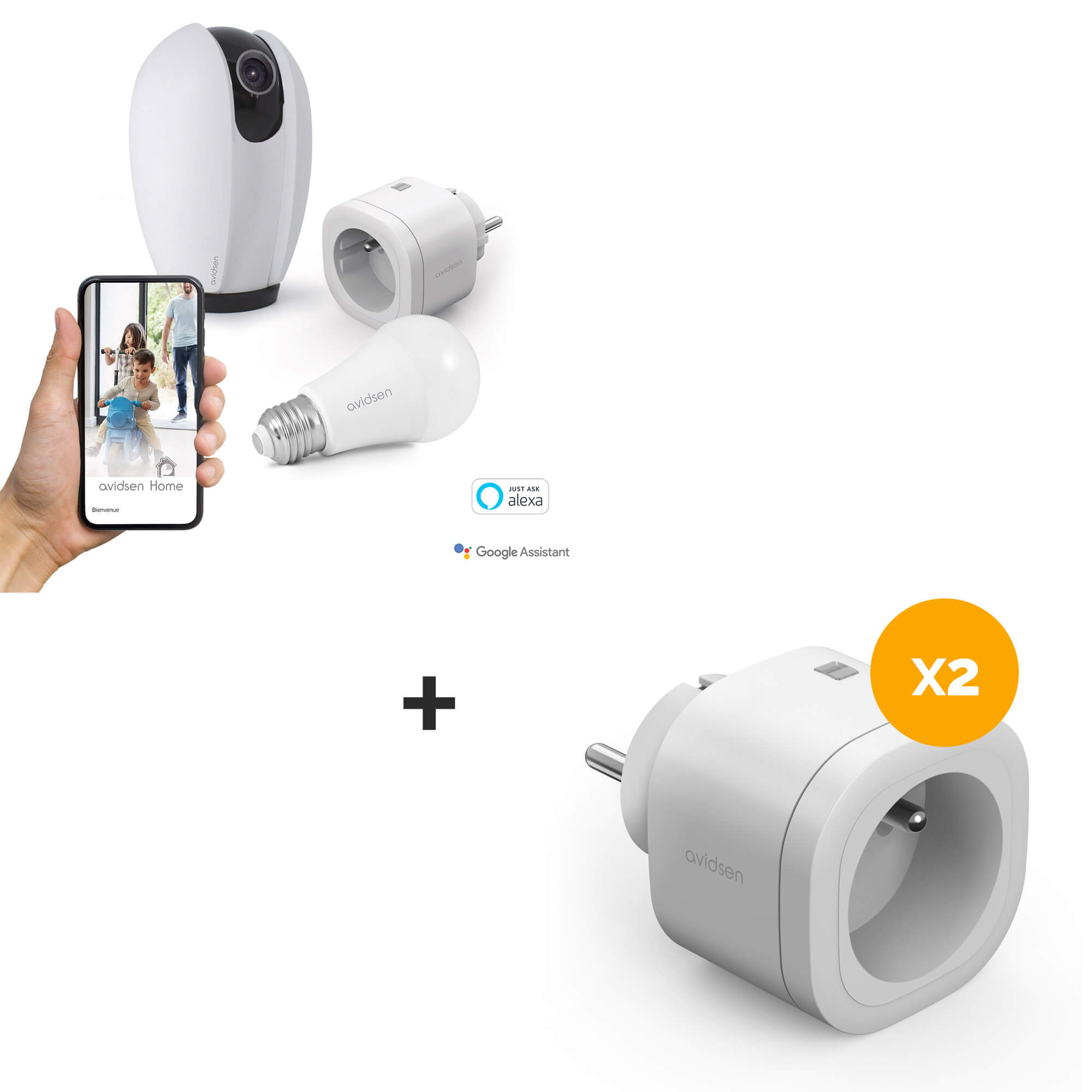 Kit Start connect Avidsen Home : Prise connectée + caméra connectée  motorisée + ampoule connectée 