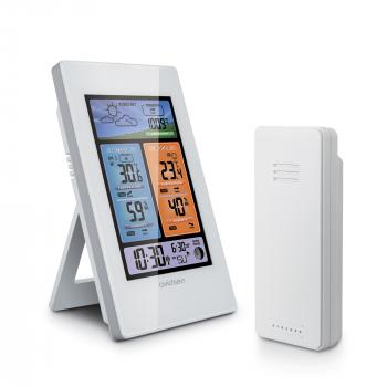 EMOS Station météo numérique avec thermomètre intérieur et extérieur avec  sonde de câble de 1,9 m, prévisions météo, date, heure, phases de la lune,  fonction réveil, fonctionne avec piles, vert en destockage