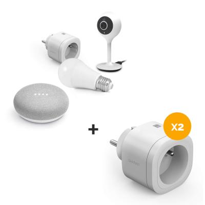 Starter kit + 2 prises supplémentaires = Google Home Mini + 3 prises connectées + ampoule connectée + caméra IP