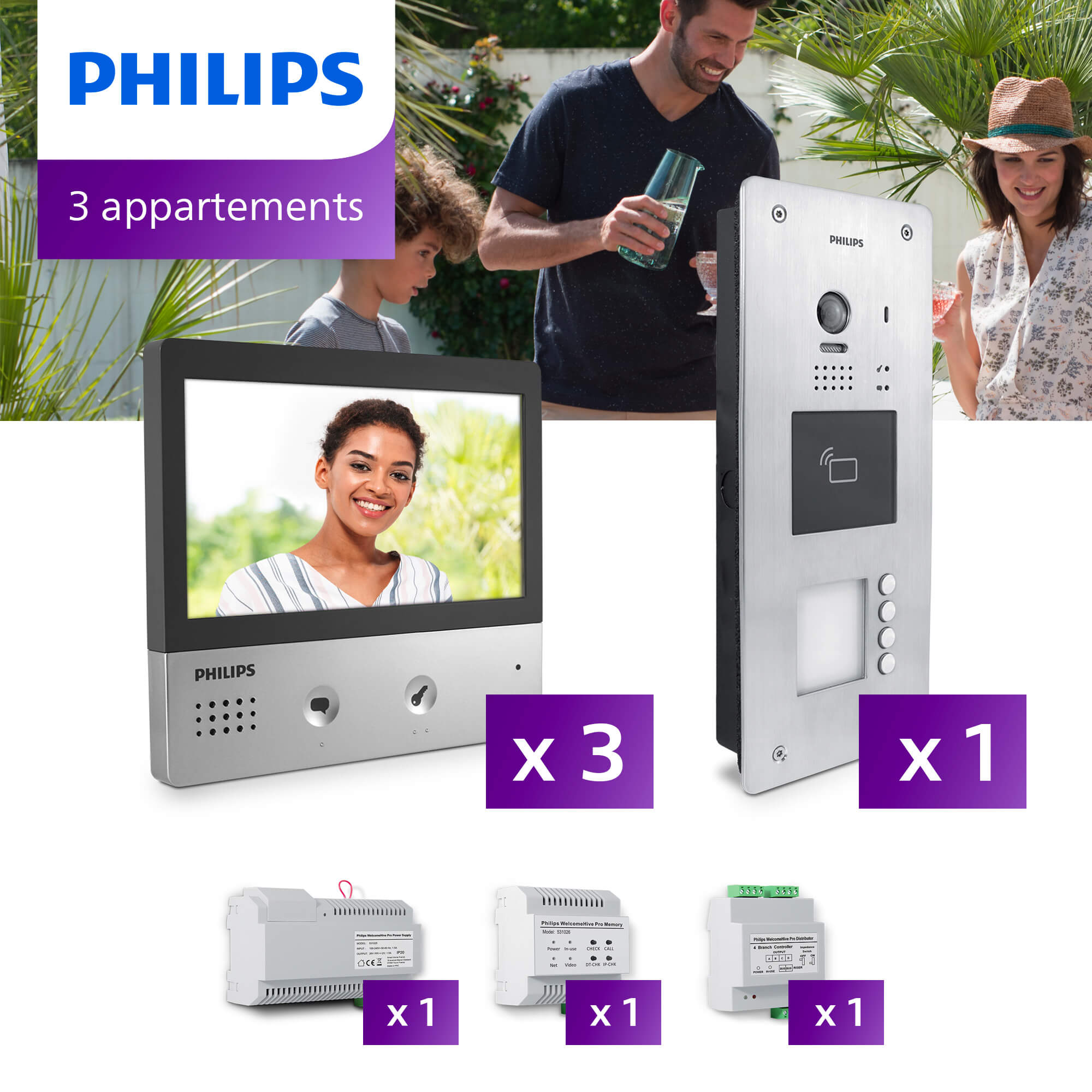 Interphone vidéo Philips Welcome Hive PRO pour 3 appartements - Visiophonie