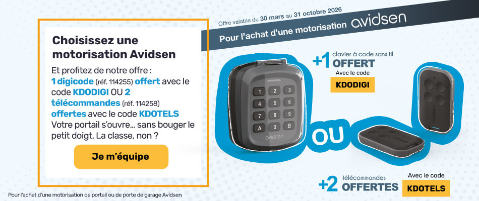 2 t&eacute;ls. offertes avec le code KDOTELS ou 1 digicode offert avec le code KDODIGI pour l'achat d'une motorisation Avidsen