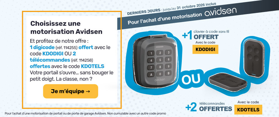 Pour l'achat d'une motorisation Avidsen : 1 digicode OFFERT avec le code KDODIGI ou 2 télécommandes OFFERTES avec le code KDOTELS