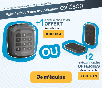 2 t&eacute;ls. offertes avec le code KDOTELS ou 1 digicode offert avec le code KDODIGI pour l'achat d'une motorisation Avidsen