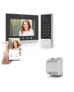 Kit Visiophone filaire connecté Extel Code Connect avec digicode intégré et son transformateur RAIL DIN