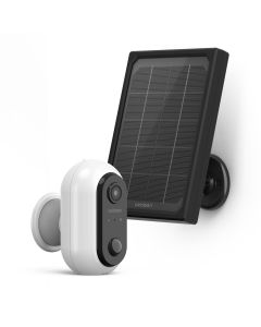 Caméra extéieure solaire devant un panneau solaire Outdoor Home Cam