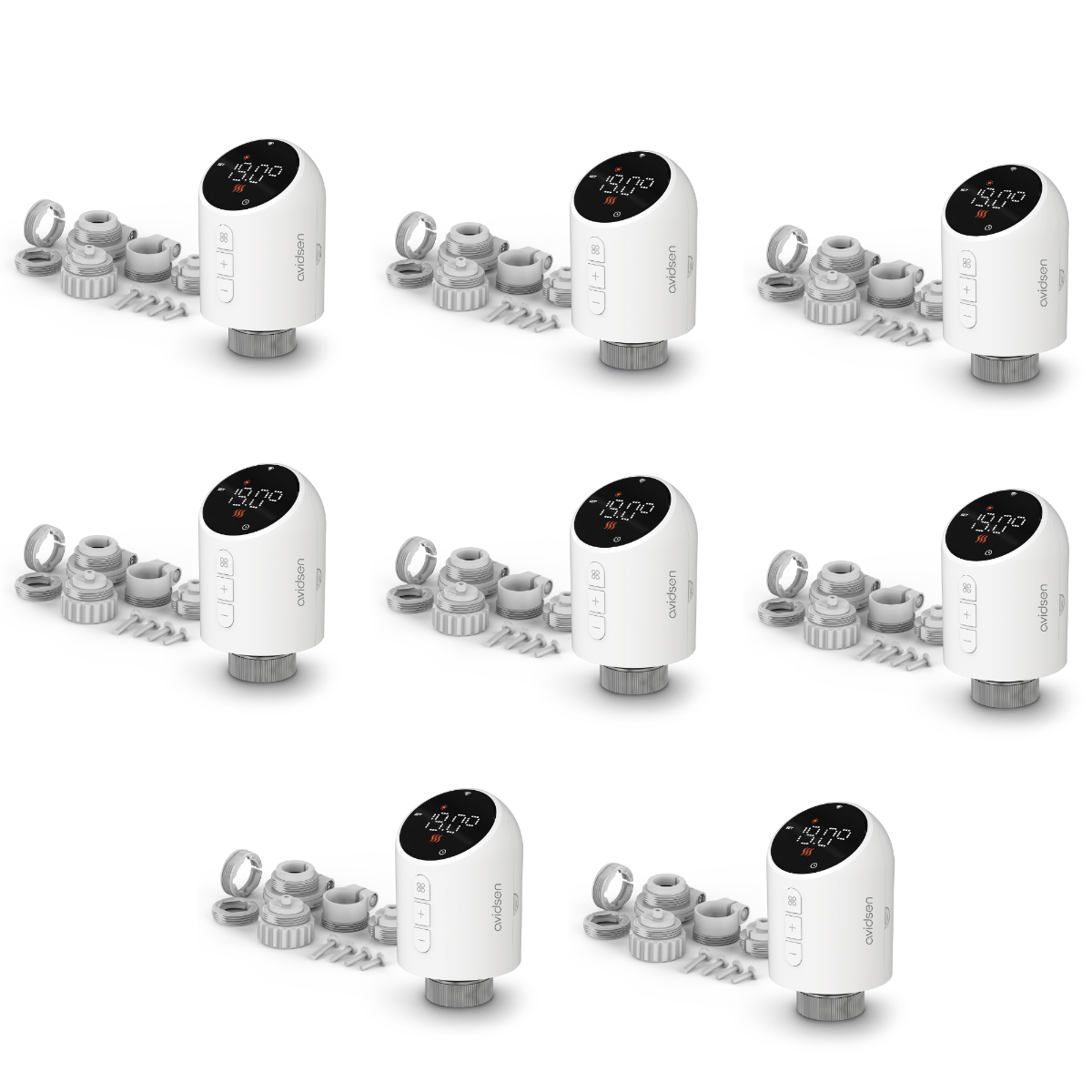 Le contenu du kit du lot de 8 vannes thermostatiques HomeFlow TRV