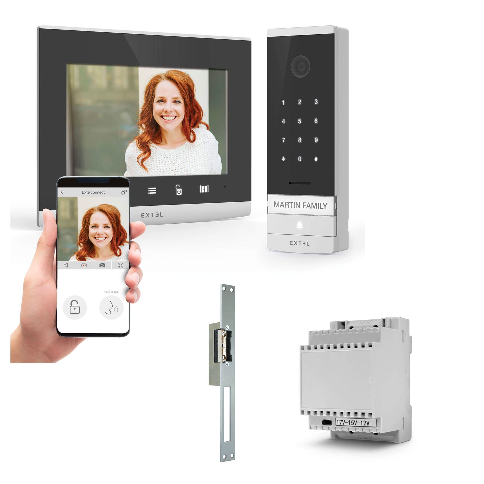 Kit visiophone filaire et connecté Extel Connect avec son transformateur modulaire et sa gâche électrique
