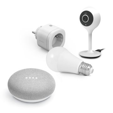 Kit Start connect Avidsen Home (caméra + prise + ampoule connectée) Google Home Mini + prise connectée + caméra connectée fixe + ampoule connectée