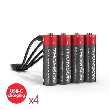 Lot de 4 Piles AA / LR06 Li-ion 1.5V rechargeables par USB-C avec câble multi USB - 520300 – Thomson