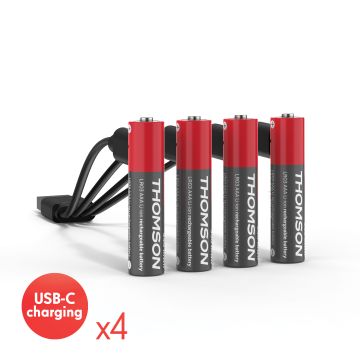 Lot de 4 Piles AAA / LR03 Li-ion 1.5V rechargeables par USB-C avec câble multi USB - 520302 – Thomson