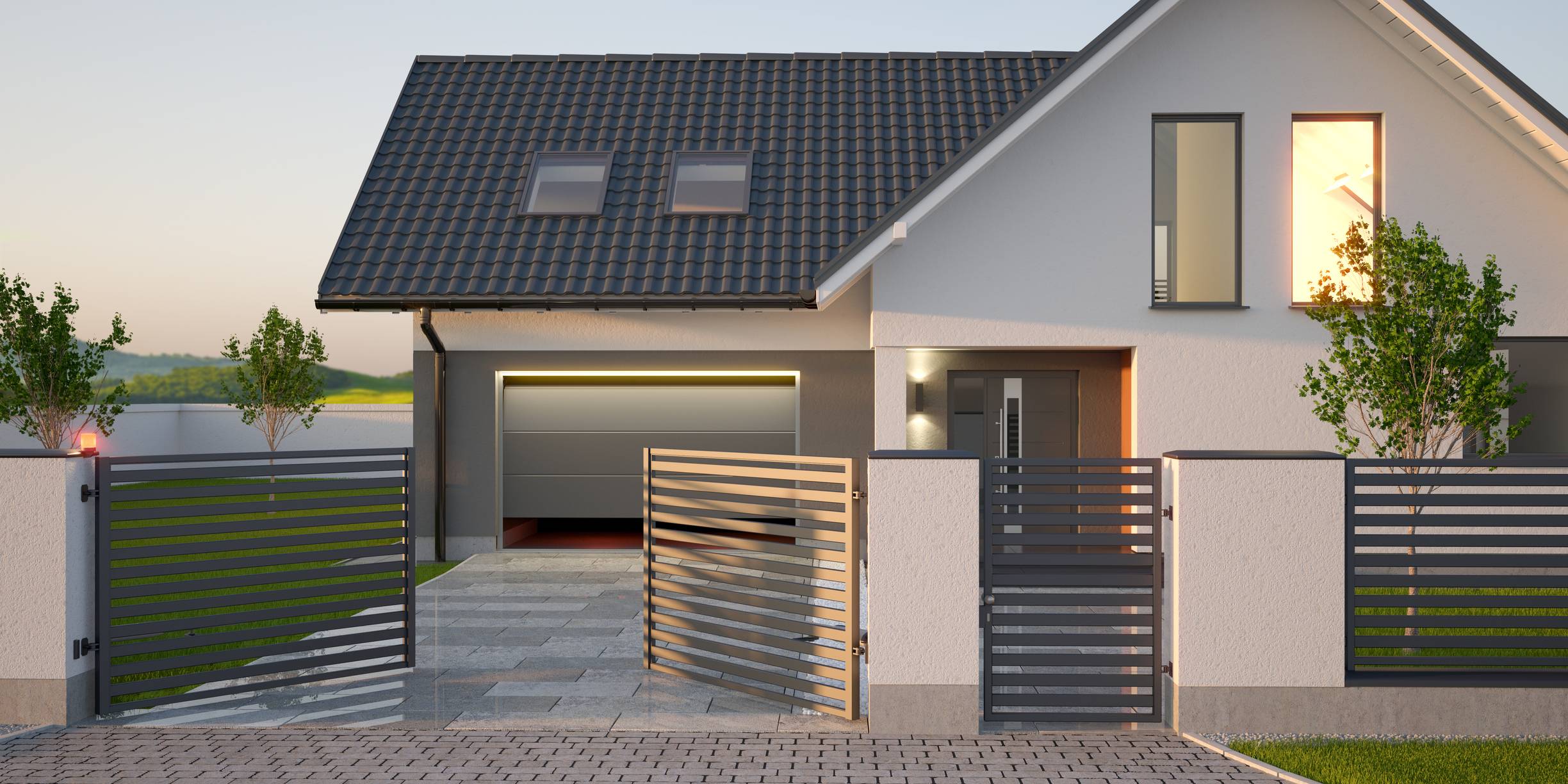 Maison avec un portail battant ouvert