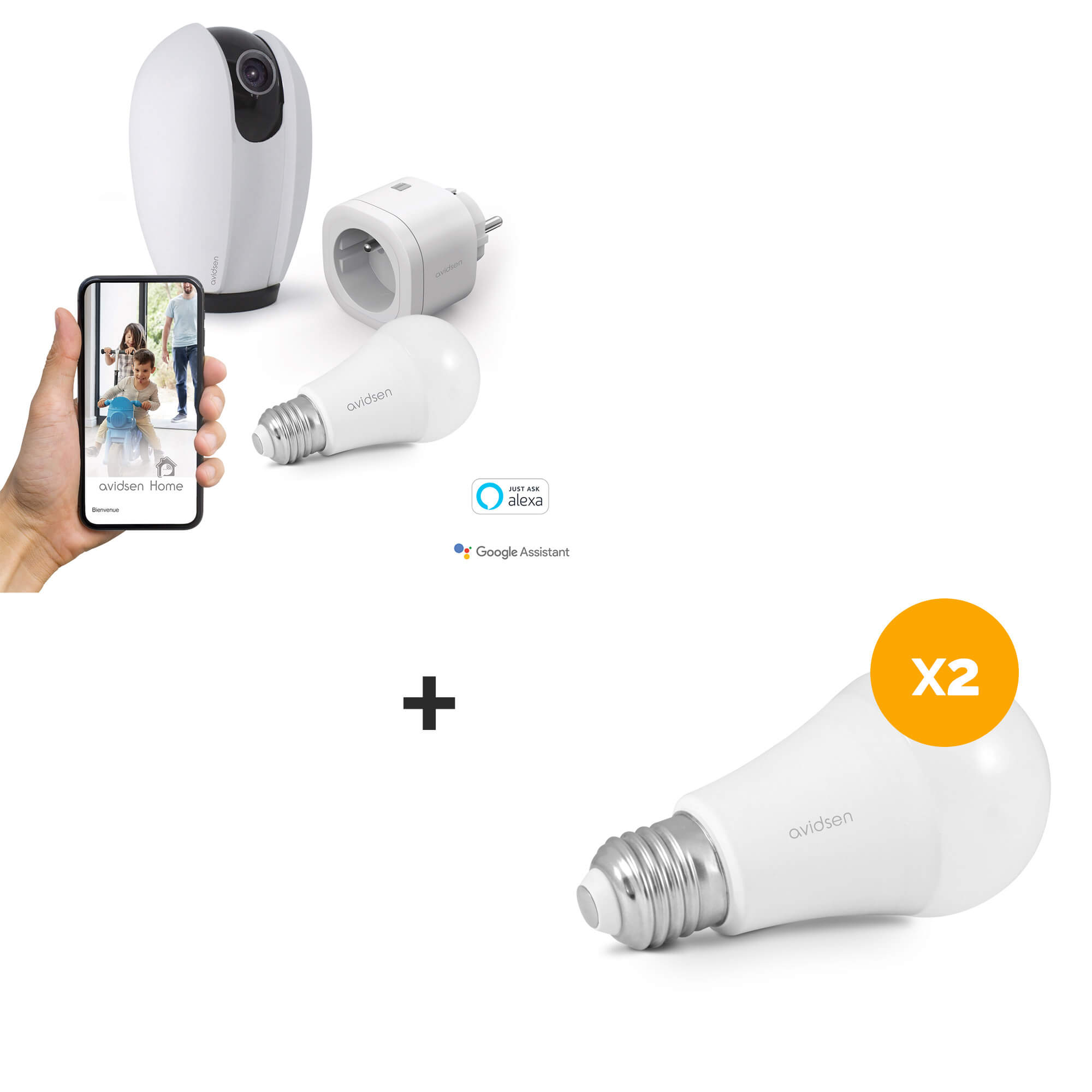 Avidsen Kit Start Connect Home prise connectée + caméra motorisée ampoule - 127026 Prise 3 ampoules connectées