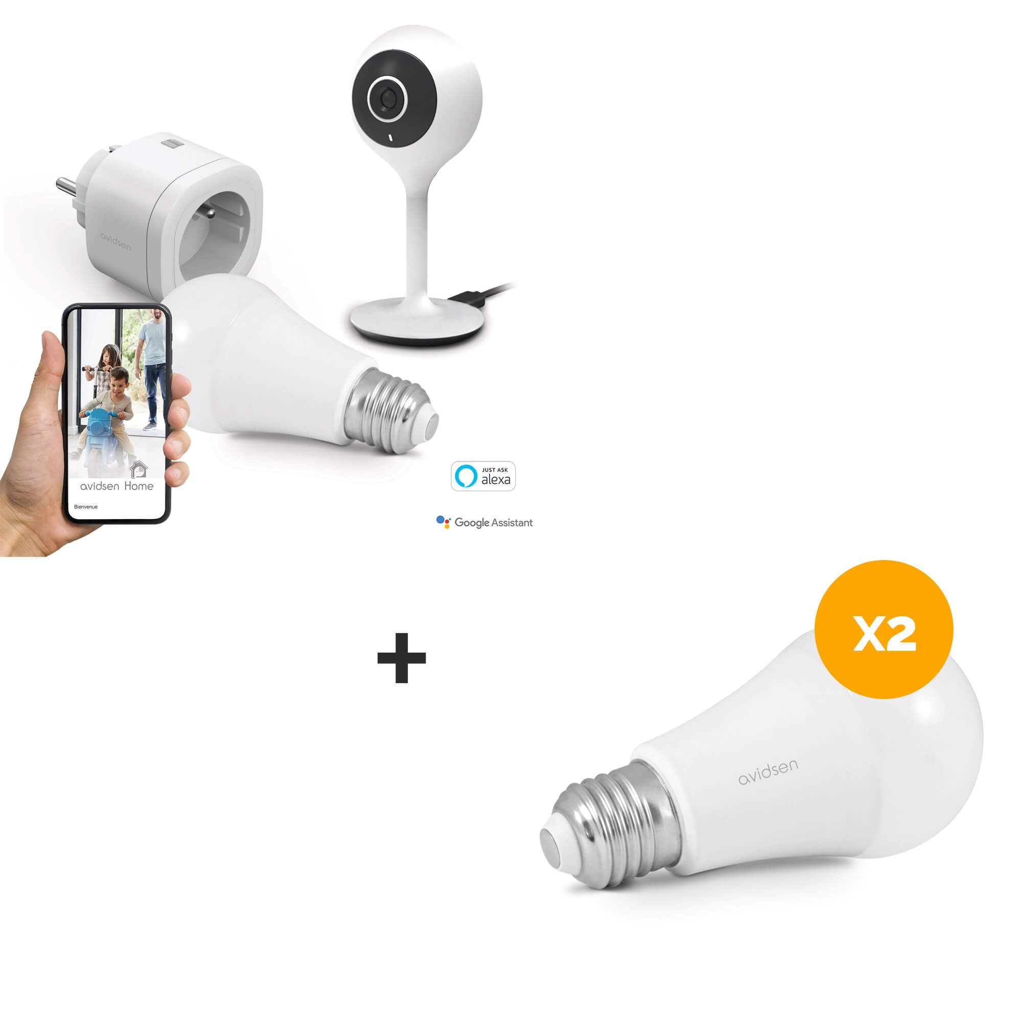 Avidsen Kit Start Connect Home (prise connectée + caméra fixe ampoule connectée) - Prise motorisée 3 ampoules connectées