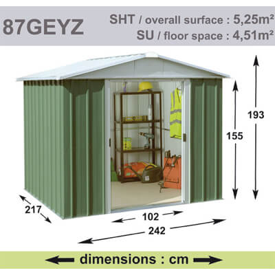 Abri de Jardin en Métal galvanisé - GEYZ - 5 m² : Longueur 2,4 m, largeur 2,1 m, hauteur 1,9 m