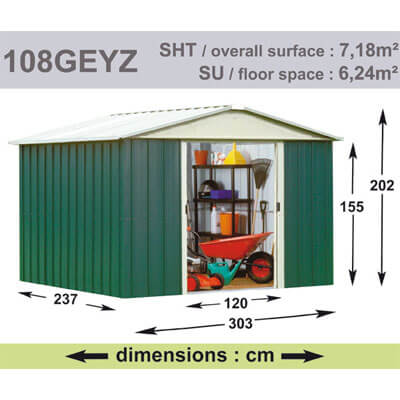 Abri de Jardin en Métal galvanisé - GEYZ - 7 m² : Longueur 3 m, largeur 2,4 m, hauteur 2 m