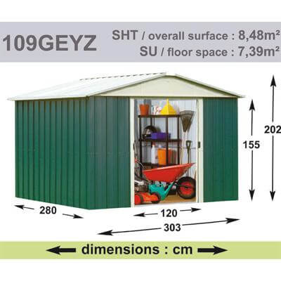 Abri de Jardin en Métal galvanisé - GEYZ - 8 m² : Longueur 3 m, largeur 2,8 m, hauteur 2 m